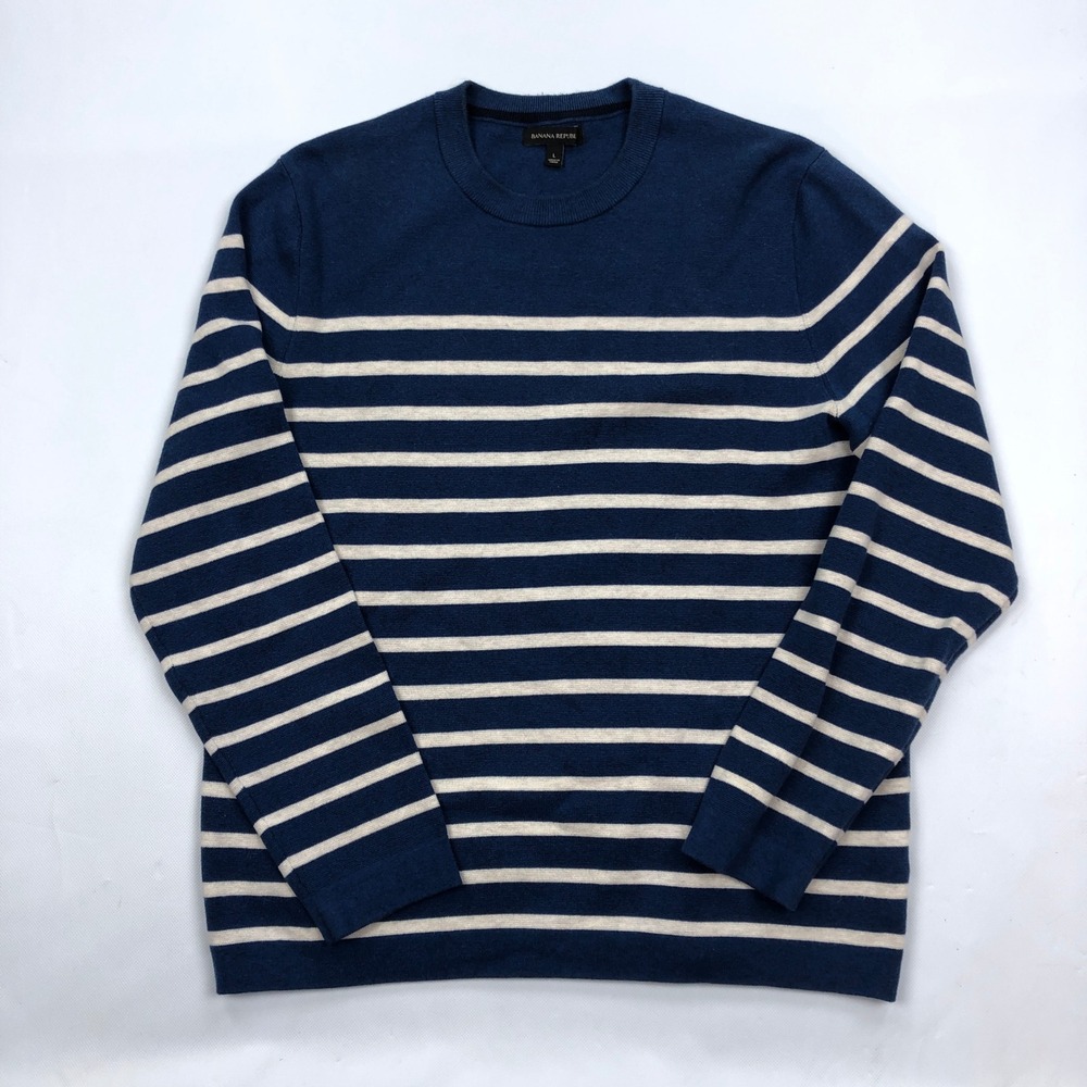 Banana Republic Mens Large Striped Crewneck Sweater Blue White Cotton Blend